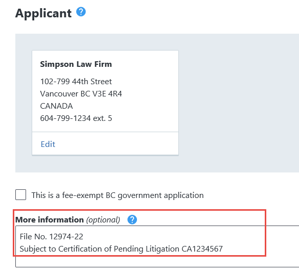 Application Subject to Certificate of Pending Litigation